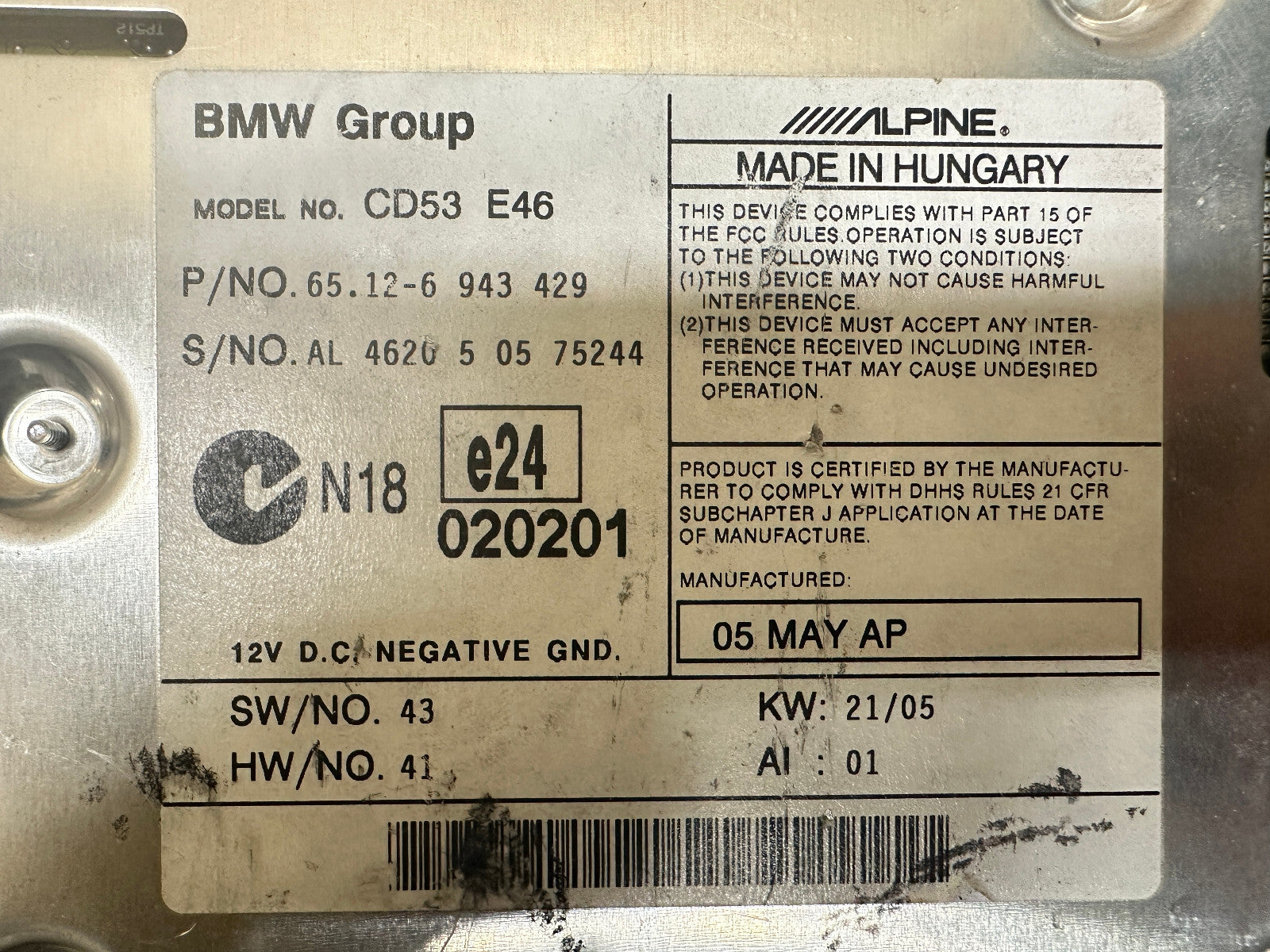BMW 1999-2005 E46 3 SERIES PROFESSIONAL CD RADIO AUDIO PLAYER OEM 6943429