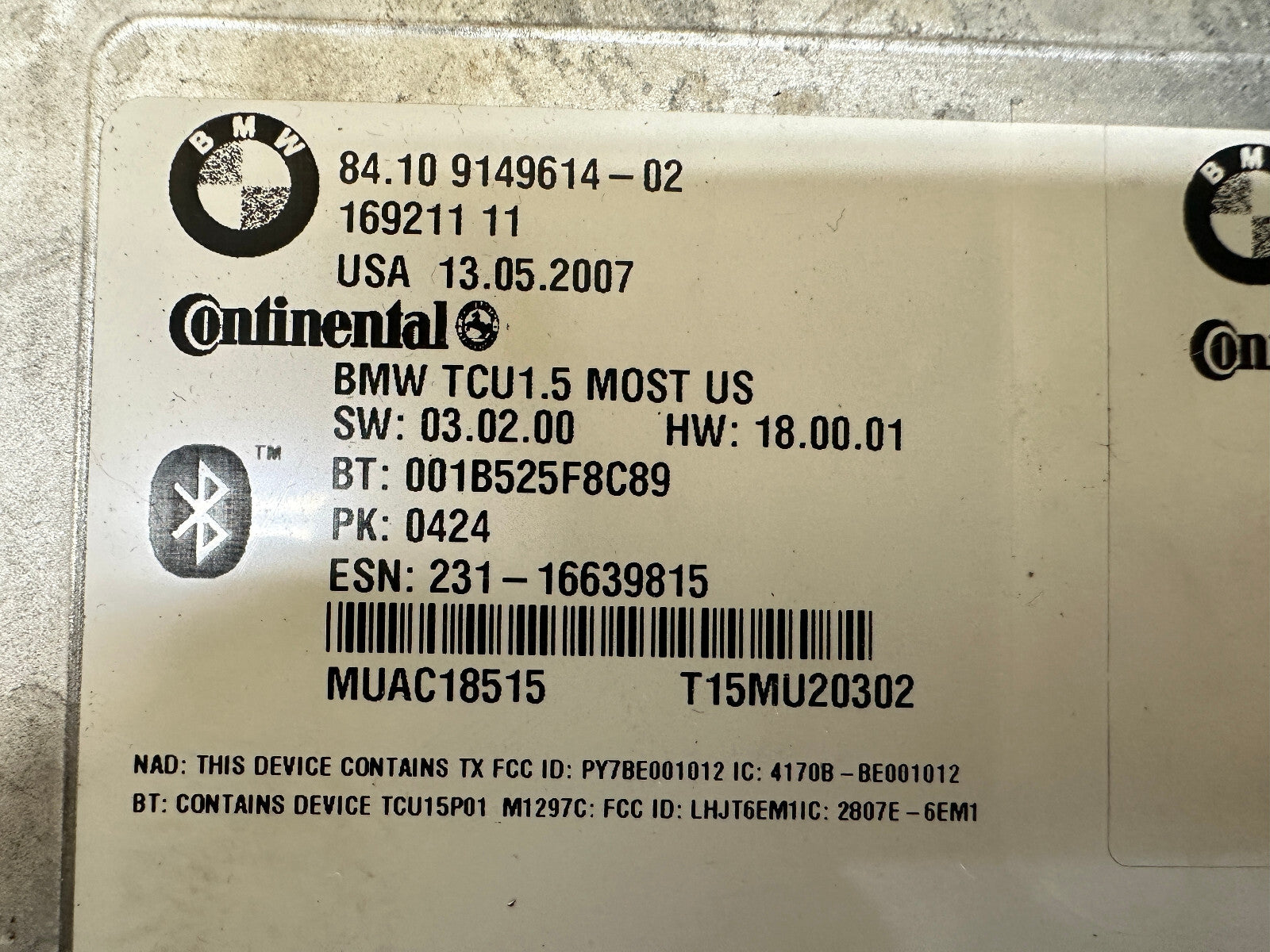 BMW 07-10 E60 E63 5/6 SERIES BLUETOOTH TELEMATIC COMMUNICATION MODULE 9149614