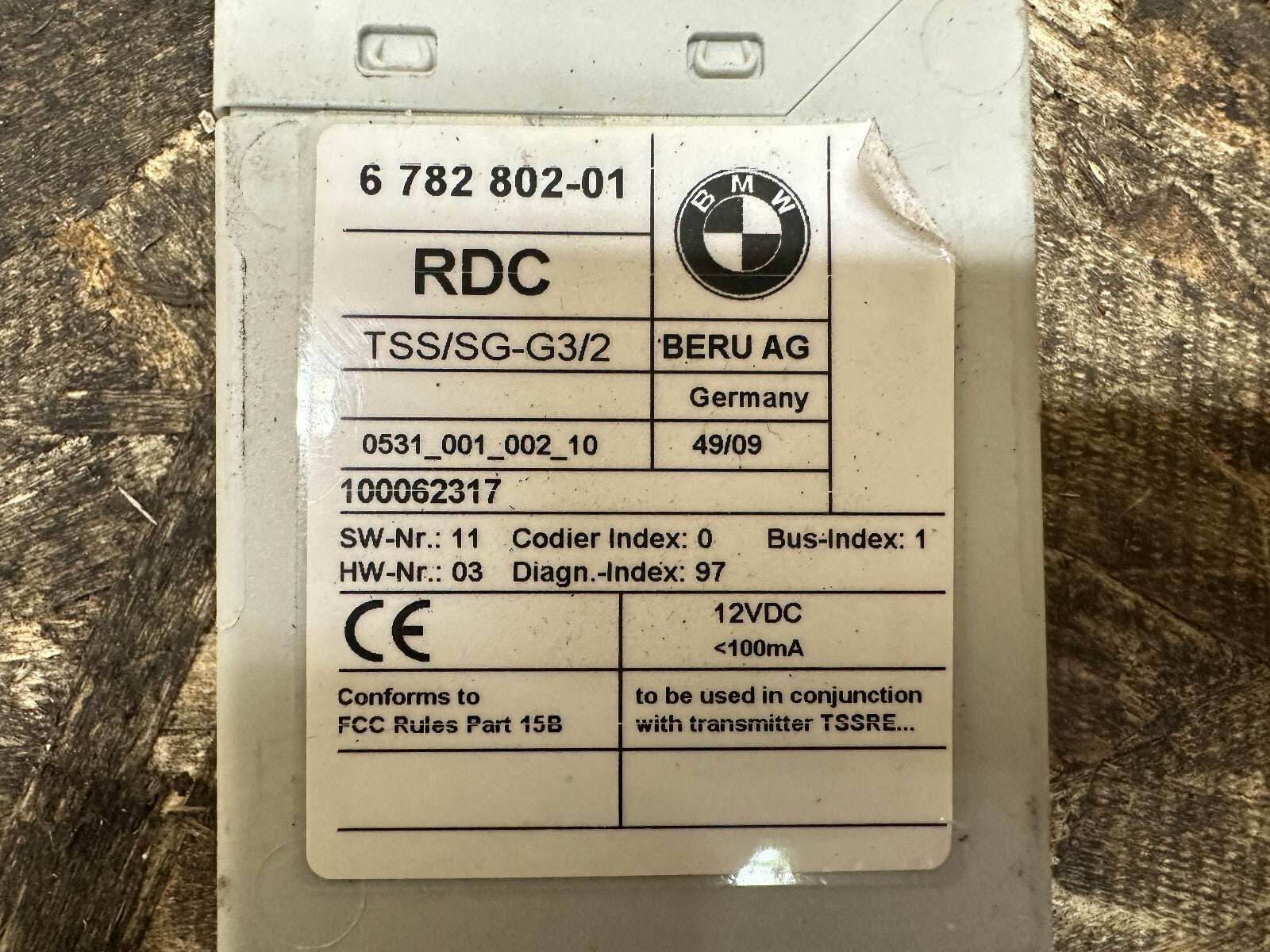 BMW 2003-2010 F83 X3 TIRE PRESSURE CONTROL MODULE TPMS OEM 6782802