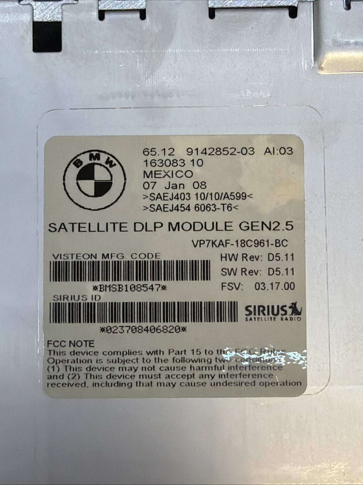 BMW/ X5 1 3 5 6 7 X6 Z4 SERIES OEM SATELLITE RADIO MODULE SIRIUS 9142852