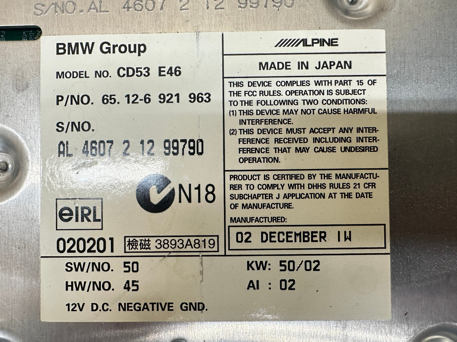 BMW 97-06 E46 3 SERIES BUSINESS CD AM/FM RADIO PLAYER OEM 6921963