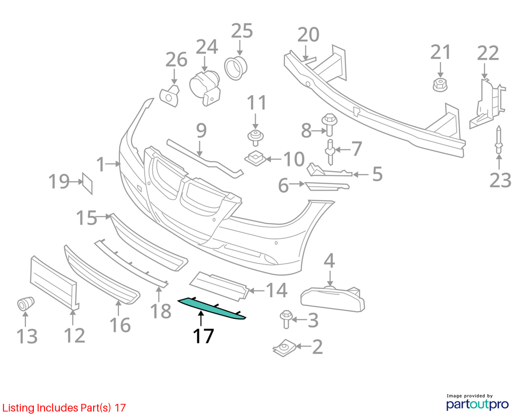 06-08 E90 E91 BMW 328I 335I FRONT BUMPER LOWER LEFT GRILLE INSERT TRIM T0615