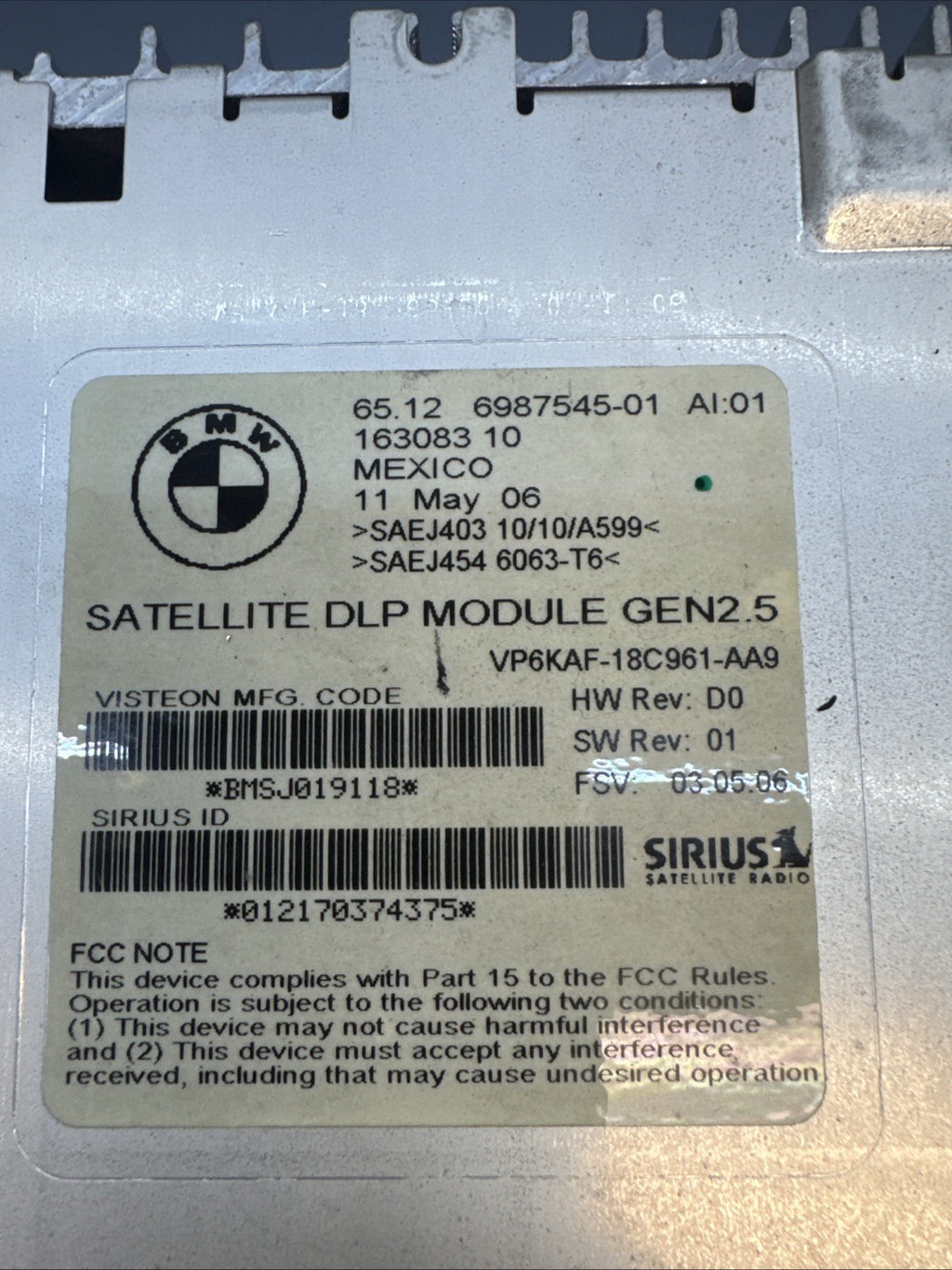 BMW E60 E63 E64 E65 E82 E92 Sirius Satellite Radio Receiver Module OEM 6987545
