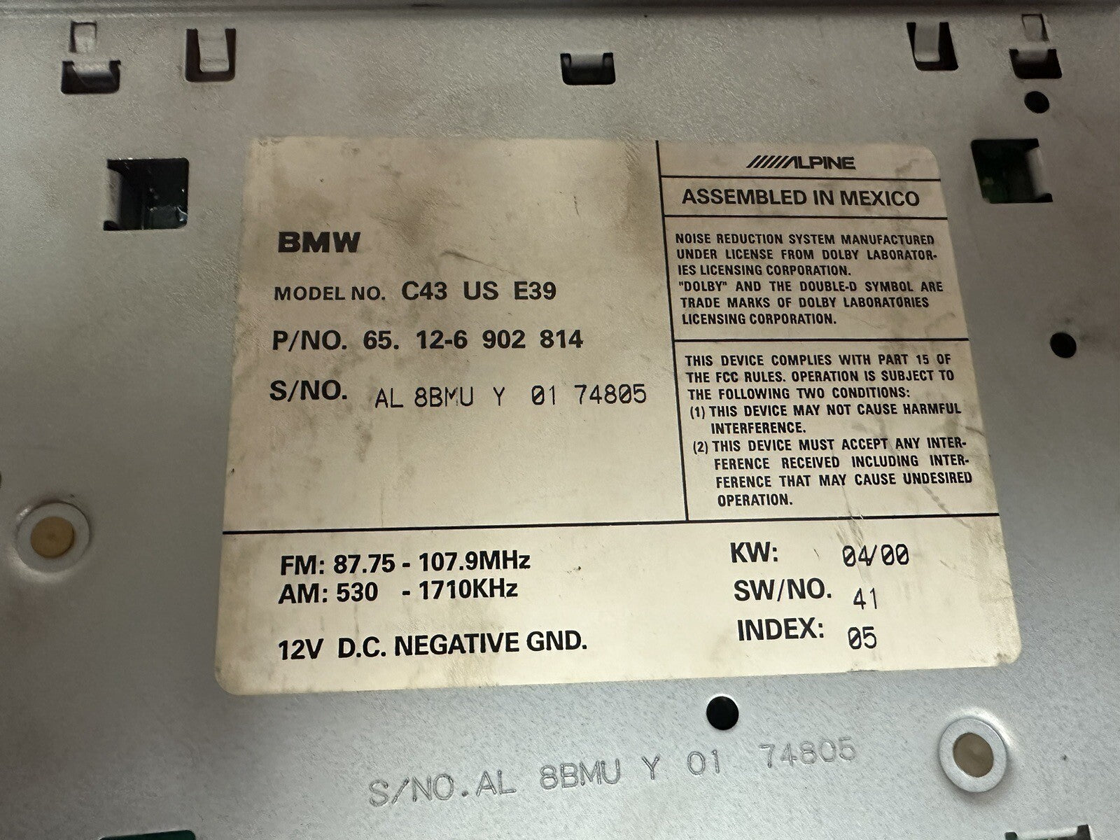 97-01 BMW 5-SERIES BUSINESS CASSETTE PLAYER UNIT OEM  6902814