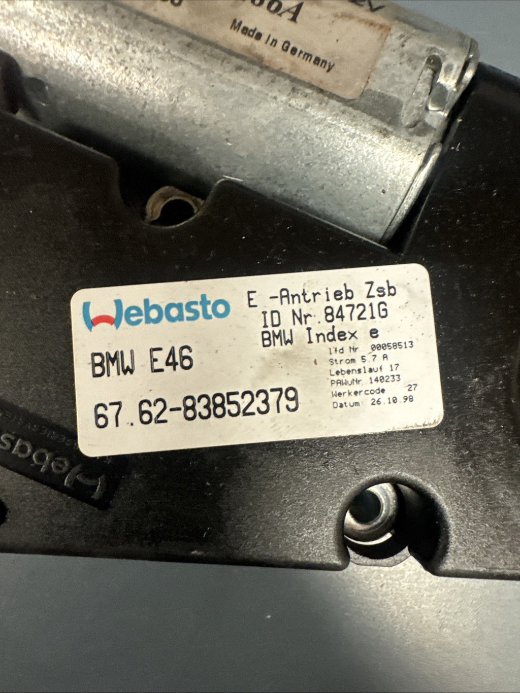 BMW E46 Sunroof Motor Sliding Roof Motor 8377163 OEM 99-06 323 325 328 330 M3