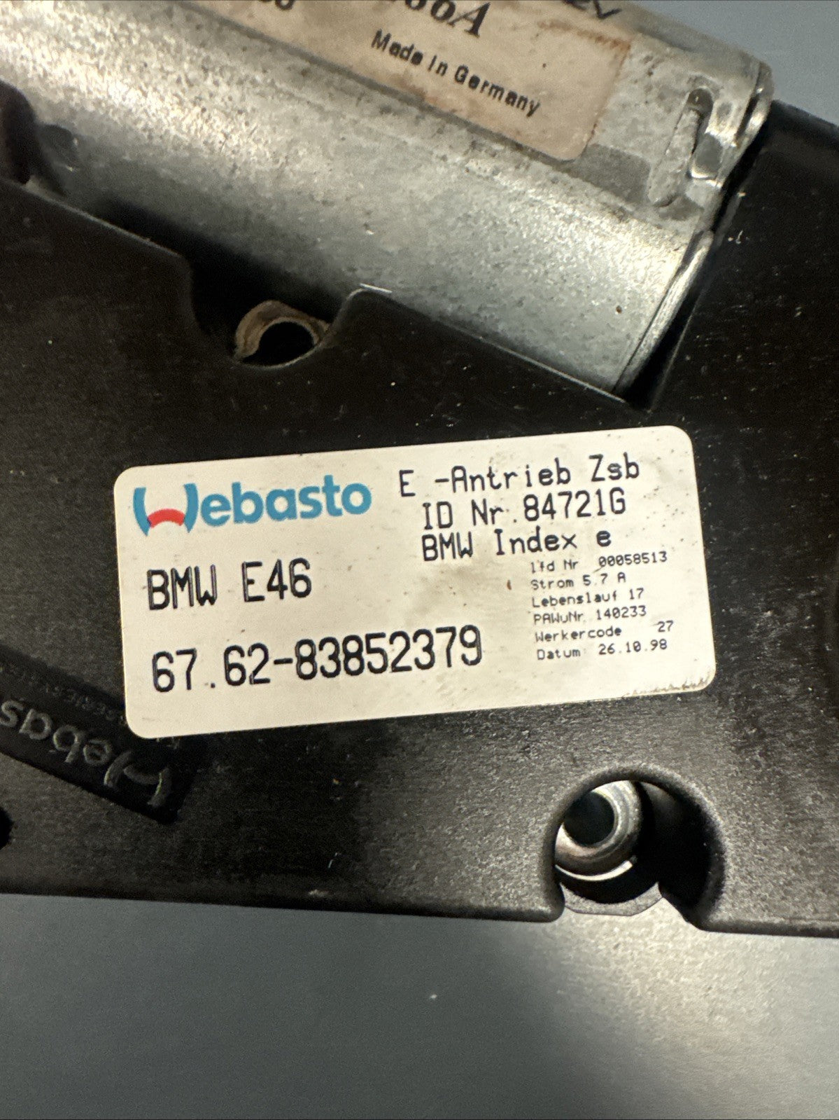 BMW E46 Sunroof Motor Sliding Roof Motor 8377163 OEM 99-06 323 325 328 330 M3