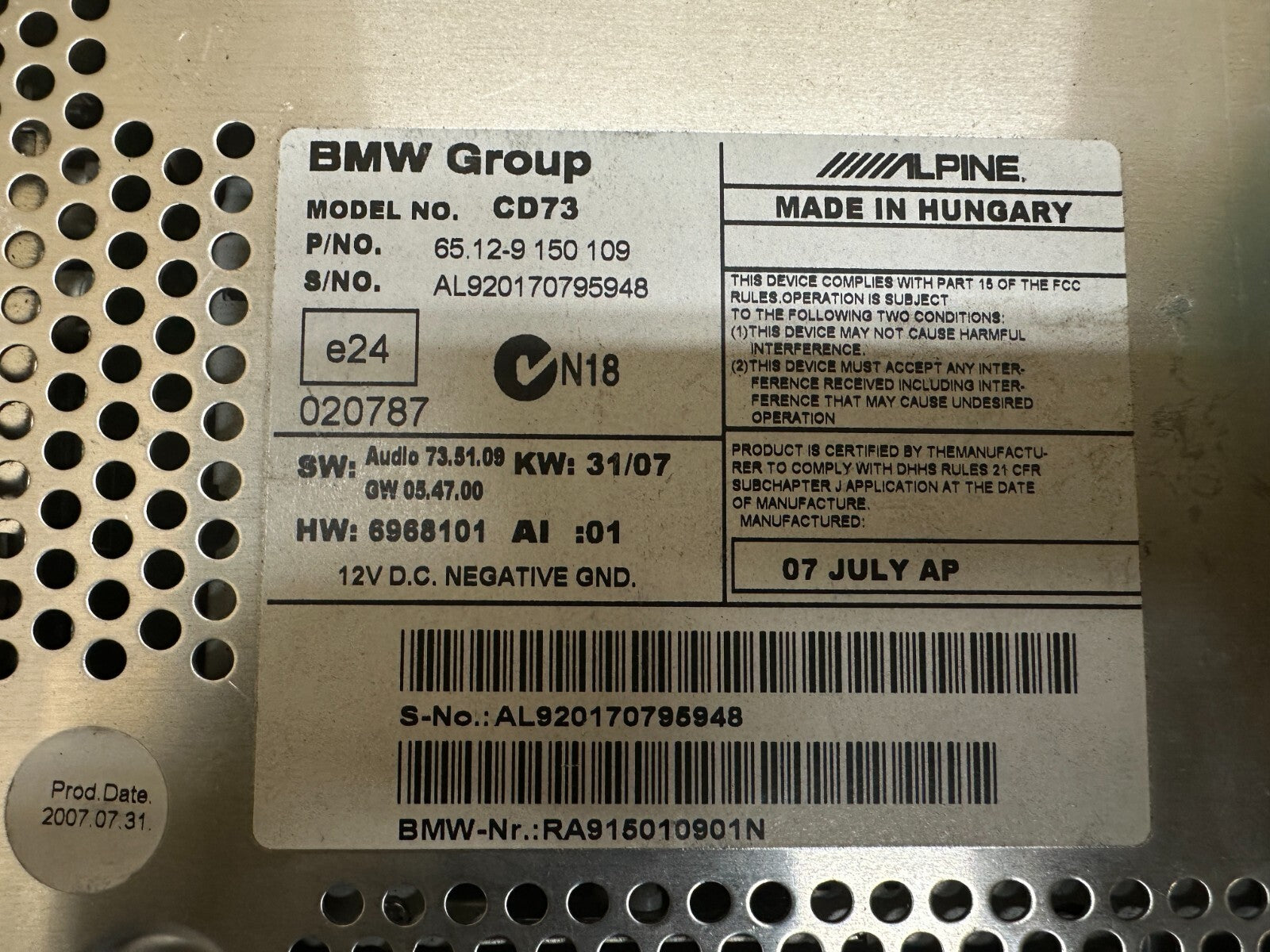 BMW 2006-2012 E90 E9X AM FM RADIO CD AUDIO PLAYER OEM 9150109