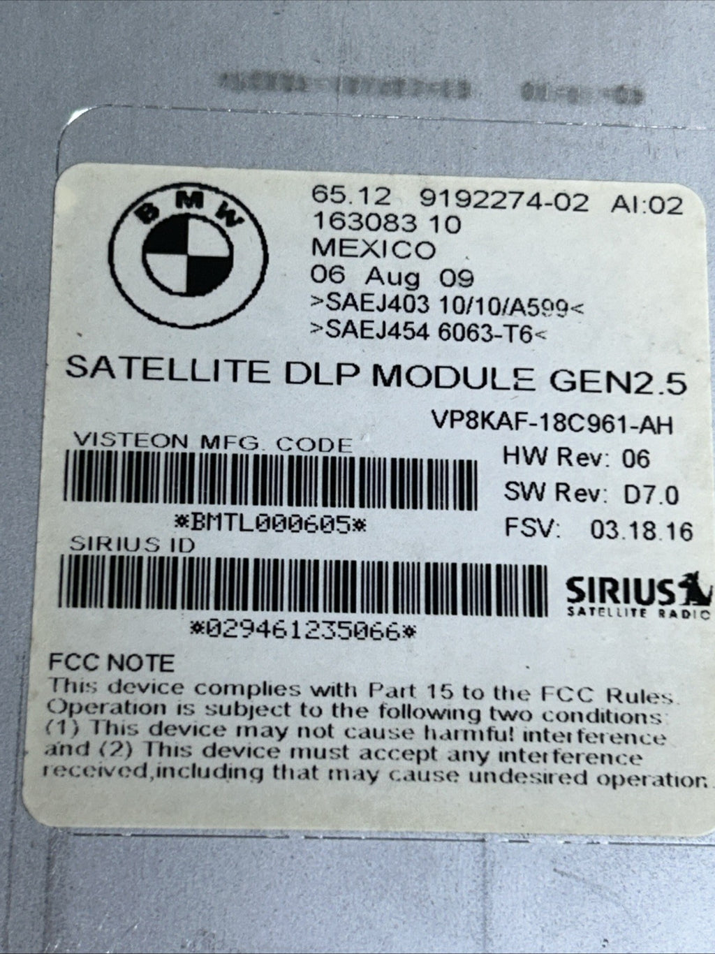 04-13 BMW E60 E61 E90 E91 Satellite Radio Receiver Sirius Module 9192274