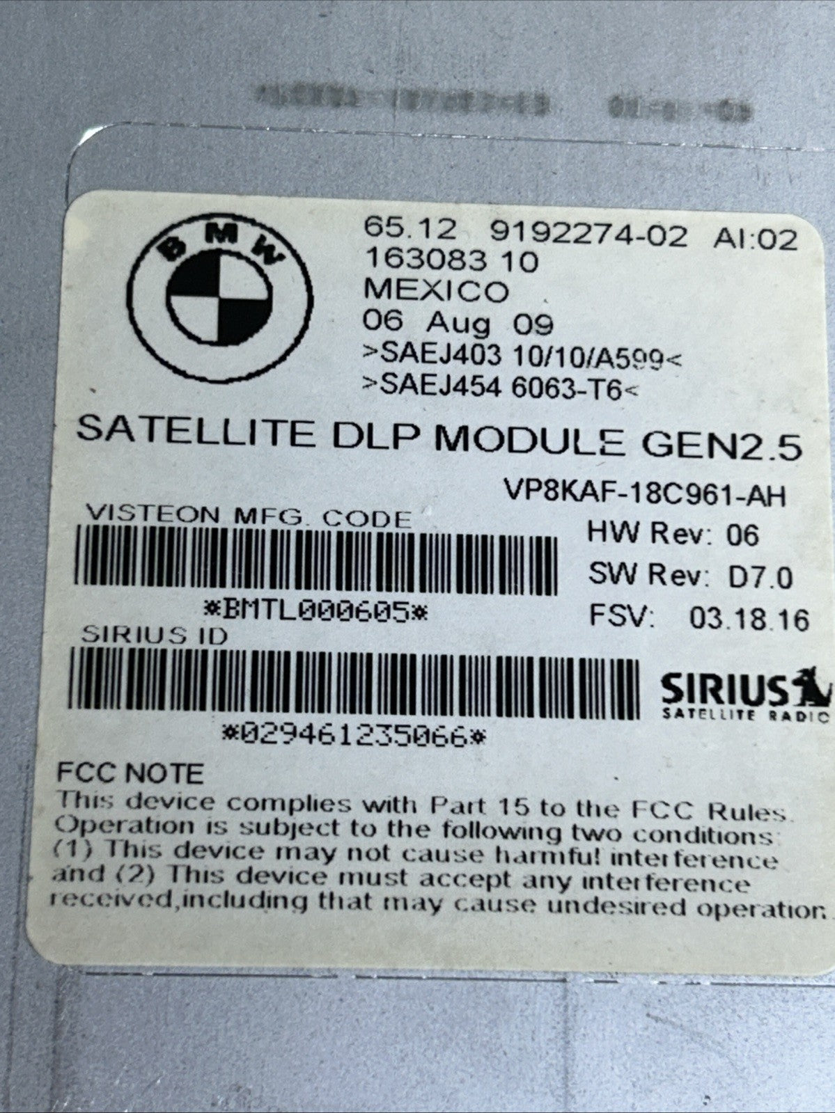 04-13 BMW E60 E61 E90 E91 Satellite Radio Receiver Sirius Module 9192274