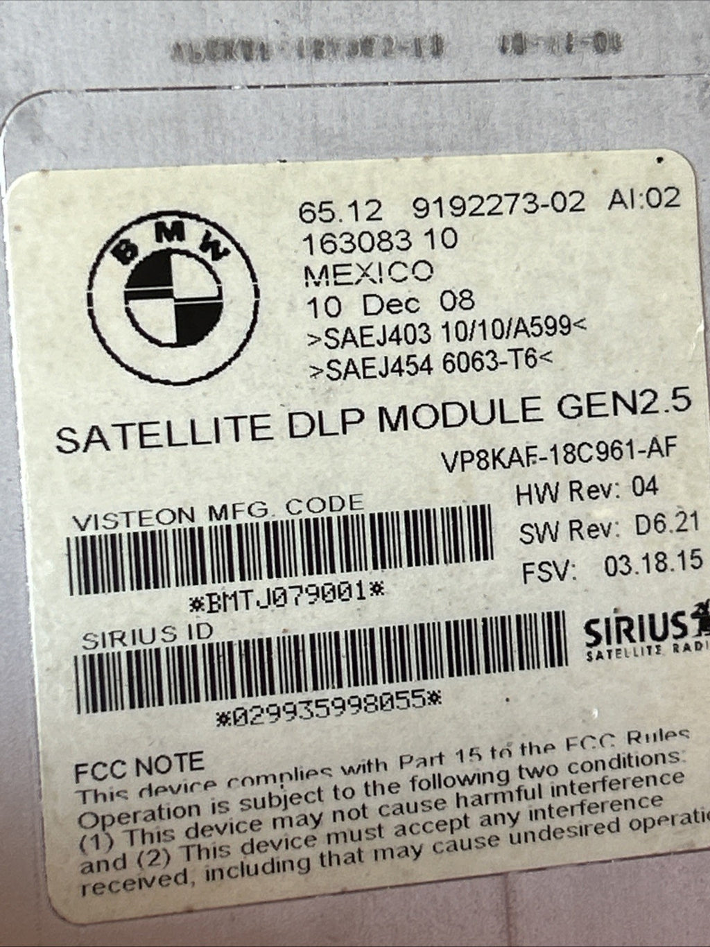 BMW 1 3 5 6 7 X5 X6 Z4 series SIRIUS SATELLITE RADIO MODULE GEN2.5 DLP 9192273