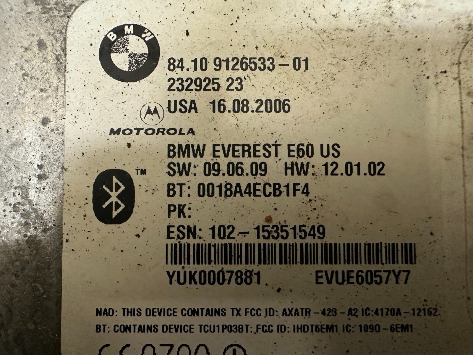 BMW 2005-2012 E90 TELEMATICS BLUETOOTH CONTROL MODULE OEM 9126533