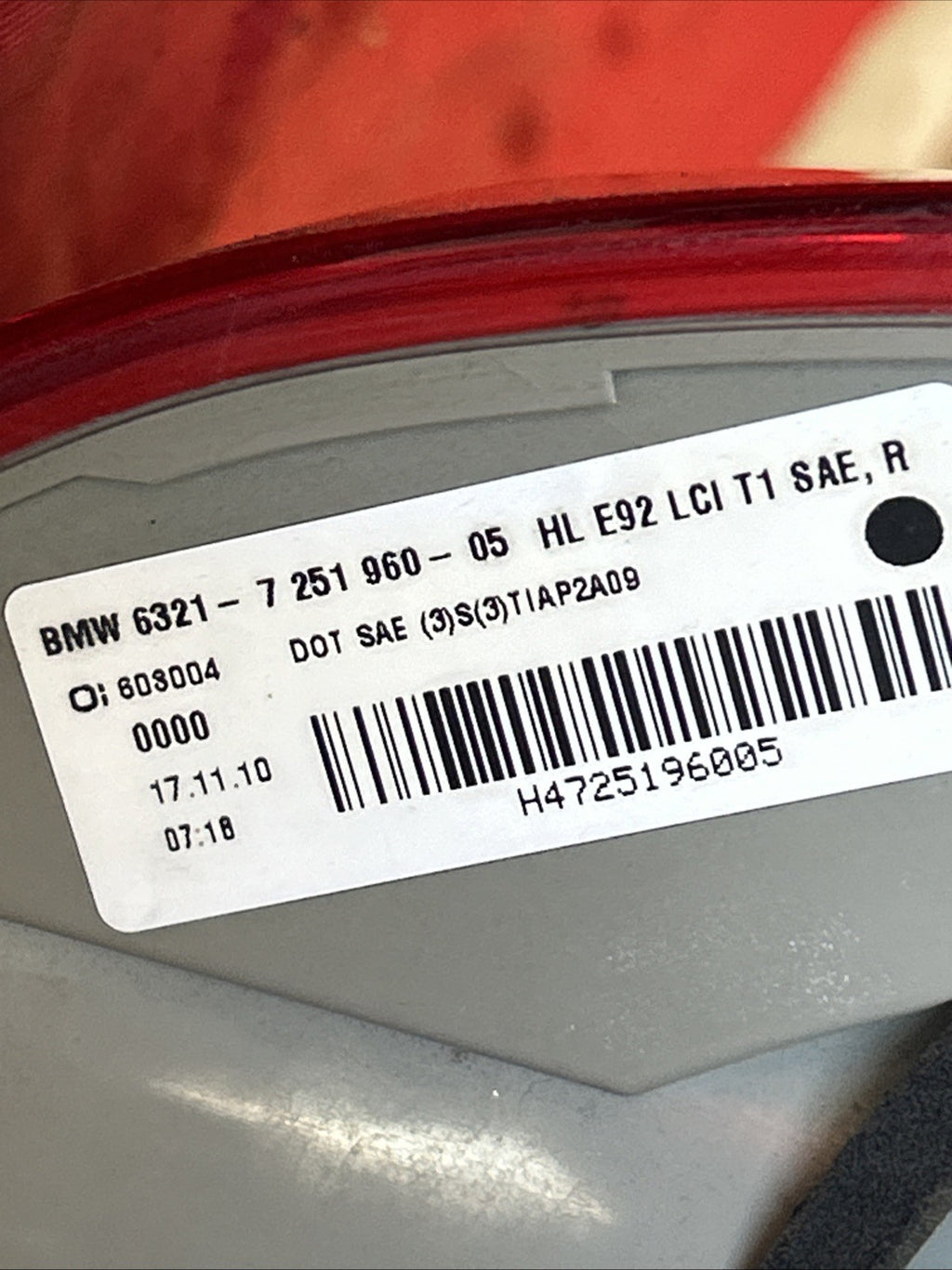 11-13 BMW E92 328i 335i Rear Right Outer Taillight Tail Light Lamp OEM 7251960